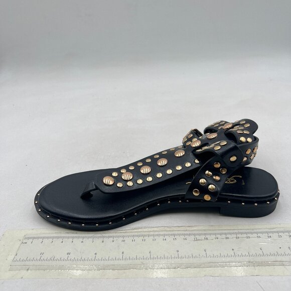 FOWT Black Round Split Toe Sandal Rivet Studded Flat Gladiators Ankle Strap Shoe - Picture 2 of 8